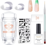 MODELONES French Tip Nail Stamp – 7Pcs Silicone Nail Art Stamper Kit w/ Replacement French Nail Stamper Head, Nail Stamping Plate, 15ml Transfer Oil French Manicure Kit Home DIY Nail Art Salon, Pink