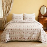 Michorinee Double Duvet Cover Red Cherry Pattern Bedding Double Bed Set 3pcs Washed Microfiber Reversible Beige Duvet Cover Double Bed with Zipper Closure and 2 Pillow Case 50×75 cm