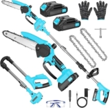 Mini Chainsaw Cordless with Foldable Pole Saw,6 Inch Electric Chain Saw with 2 Batteries & 2 Chains,Telescopic Motor Head 180 Swiveling Tree Saw for Tree Trimming,Garden,Wood Cutting (Blue)