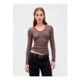 Modern Brown Long Sleeve Sheer Ribbed T-Shirt