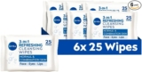NIVEA 3in1 Refreshing Cleansing Wipes Normal Skin and Combination Skin (25 Sheets), Plant-Based Makeup Remover Face Wipes, Gentle Yet Effective Makeup Removal (Pack of 6)