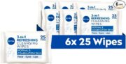 NIVEA 3in1 Refreshing Cleansing Wipes Normal Skin and Combination Skin (25 Sheets), Plant-Based Makeup Remover Face Wipes, Gentle Yet Effective Makeup Removal (Pack of 6)