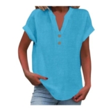 Nuoke Women Linen V-Neck Button Short Sleeve Top Sky Blue