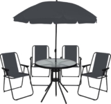 OHS 6 Piece Garden Furniture, Outdoor Table and Chairs with Matching Parasol 4 Folding Dining Chairs Round Tempered Glass Table Poolside Balcony Patio Furniture Set, Grey