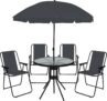 OHS 6 Piece Garden Furniture, Outdoor Table and Chairs with Matching Parasol 4 Folding Dining Chairs Round Tempered Glass Table Poolside Balcony Patio Furniture Set, Grey