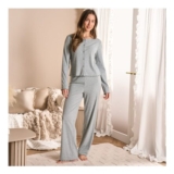 OHS Ribbed Lettuce Edge Loungewear Set Grey