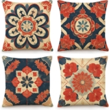 OYIMUA Boho Abstract Floral Cushion Covers 45 x 45 cm Red and Navy Blue Outdoor Cushions 18×18 Inches Decorative Linen Pillow Covers for Garden Furniture Sofa