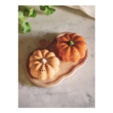Orange Pumpkin Salt and Pepper Shakers and Wooden Tray