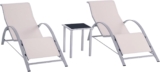 Outsunny 3 Pieces Sun Lounger Chair Set, Metal Frame Outdoor Garden Recliner Chairs with Glass-Top Side Table and Armrests for Patio, Cream White