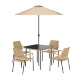 Outsunny 4 Seater Rattan Dining Set with Parasol, Light Brown