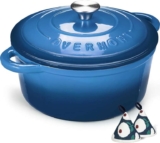 Overmont 26cm/5.2L Enamelled Cast Iron Round Casserole Dish with Lid,5.5QT, Cookbook -Non-Stick Dutch Oven for Braising – blue