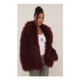 Oversized Collar Shaggy Burgundy Faux Fur Coat