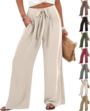 Palazzo Trousers for Women UK Ladies Wide Leg Trousers Casual Elastic High Waist Drawstring Cotton Linen Pants Lightweight Comfy Solid Colour Lounge Pants Loose Fit Breathable Summer Bottoms 2026