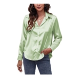 Panegy Satin Long Sleeve V-Neck Blouse, Green