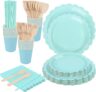 Party Tableware Set, 175PCS Party Tableware Dinnerware Decorations, Paper Plates Cups and Napkins, Straw, Wooden Cutlery, Blue