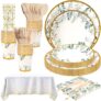 Party Tableware Set, 176PCS Party Tableware Dinnerware Decorations, Paper Plates Cups and Napkins, Straw, Wooden Cutlery, Tablecloth