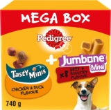 Pedigree Mega Box – Dog treat multipack with 3 Tasty Minis chicken and duck flavour and 8 Jumbone Mini beef and poultry flavour, 740g