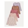 Pink Floral Ribbed Long-Sleeve Tops (5-Pack)