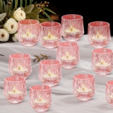 Pink Tea Light Candle Holders Set of 12, Ribbed Glass Candle Holders Bulks for Holiday/Party Decorations, Glass Tea Lights Holders Wedding Centerpieces for Tables