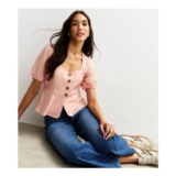 Pink Textured Button up Peplum Top