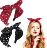 Polka Dot Headband,2Pcs Bow Tie Knotted Hair Bands,Wide Band Cloth Hair Hoop Bunny Ear Headwrap Hair Accessories for Women Girls (Black Red Polka Dot)