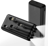 Power Bank Built-in Cable, 20000mAh Fast Charging Portable Charger with Flashlight & 4 Outputs,USB C External Battery Pack for iPhone 16 15 14 Android and More (Black)