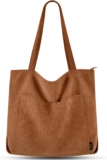 Prite Corduroy Tote Bag for Women Large Shoulder Bag with Zipper and Pockets for College School Work Travel Shopping (Brown 2)