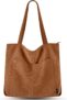 Prite Corduroy Tote Bag for Women Large Shoulder Bag with Zipper and Pockets for College School Work Travel Shopping (Brown 2)