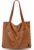 Prite Corduroy Tote Bag for Women Large Shoulder Bag with Zipper and Pockets for College School Work Travel Shopping (Brown 2)