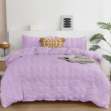 Purple Seersucker Duvet Cover King Size Pompom Tassels Design Bedding Set Textured Bedding Set with Zipper Closure (Purple, 220x230cm)