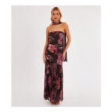 QUIZ Brown Floral Strapless Midaxi Dress with Scarf