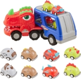Qivange Monster Truck Toy Cars for 2-5 Year Olds Dinosaur Toys with 8 Mini Cars, Dinosaur Carrier Pull Back Car with Roar Sound & Light & Spray, Birthday Present for 2 Boys Girls Toddlers