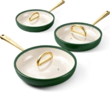 ROYDX Non Stick Frying Pan Set, Titanium Ceramic Frying Pan with Lids, 20cm, 26cm and 30cm Skillet Set with Stay Cool Handle, Oven Safe, Compatible with All Stovetops-Pine Green