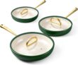 ROYDX Non Stick Frying Pan Set, Titanium Ceramic Frying Pan with Lids, 20cm, 26cm and 30cm Skillet Set with Stay Cool Handle, Oven Safe, Compatible with All Stovetops-Pine Green