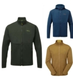 Rab Mens Geon Fleece Jacket with zipped pockets – in Army Green/ Black/ ink blue / footprint yellow – sizes S to XXL