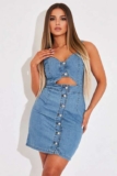 Rebellious Fashion Womens Cut Out Button Front Denim Mini Dress in Mid Blue – Size 6 only