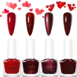 Red Nail Varnish Set – 4Pcs Red Nail Polish Quick Dry, Bloody Mary red Dark Burgundy Nail Polish, Christmas Glitter Holographic Nail Gel, Long-Lasting No UV Nail Paint for Festive DIY Manicure