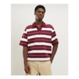 Red Oversized Fit Stripe Open Neck Polo Shirt