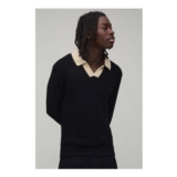 Regular Boxy Contrast Revere Knitted Long Sleeve Polo