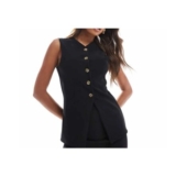 Ribbed Longline Button through v Neck Waistcoat Top in Black (Sizes XS,S,M Only