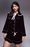 River Island Velvet Frill Collar Pyjama Set in Dark Purple