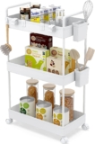 Ronlap Slim Storage Trolley, 3 Tier Rolling Cart Storage Organizer, Utility Rolling Cart with Handle Hanging Cups Dividers for Office Bathroom Kitchen Laundry Room Narrow Places, White