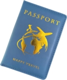 RuiChy Happy Travel Passport Holder, Universal PU Leather Passport Cover for Women Men, Gold Foil Printed Portable Travel Wallet Case Organiser for Tickets Boarding Passes Credit Cards (Blue)