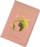 RuiChy Happy Travel Passport Holder, Universal PU Leather Passport Cover for Women Men, Gold Foil Printed Portable Travel Wallet Case Organiser for Tickets Boarding Passes Credit Cards (Pink)