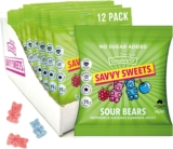 SAVVY Sweets Sour Gummy Bears Low Sugar, High Fibre, All Natural, Prebiotic Vegan, Gluten-Free 75 Calories 12-Pack