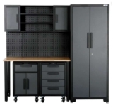 SGS 6pc Garage Storage System – Work Bench, Wheeled Cabinets, Wall Shelving & Side Cabinet