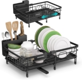 SONGMICS Dish Drainer Rack, Large Extendable Draining Board Rack for Small Spaces, 360 Rotating Extendable Spout, Kitchen Sink Drainer, Steel, 46.5 x 29.6 x 14 cm, Ink Black KCS556BH01
