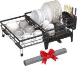 SONGMICS Dish Drying Rack, Dish Drainer for Kitchen Counter, 360Rotatable and Extendable Spout, Drainboard, with Cutlery Holder, 31-56 x 42 x 20 cm, Ink Black KCS552B01