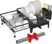 SONGMICS Dish Drying Rack, Dish Drainer for Kitchen Counter, 360Rotatable and Extendable Spout, Drainboard, with Cutlery Holder, 31-56 x 42 x 20 cm, Ink Black KCS552B01