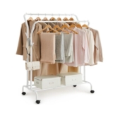 SONGMICS Double Hanging Clothes Rail with Wheels, Heavy-Duty, White